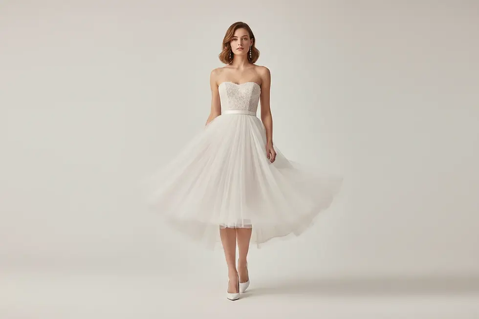 A-line short wedding dress showing flattering fit for pear and apple body shapes