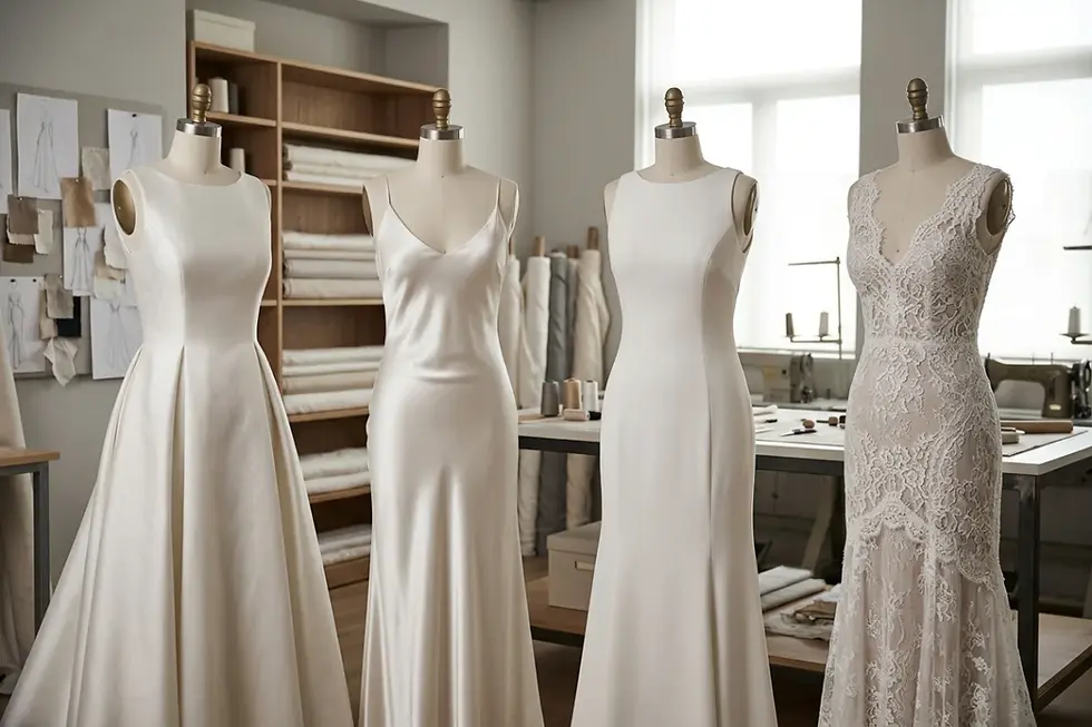 Comparison of Mikado, satin, crepe, and lace wedding dresses on showroom mannequins.