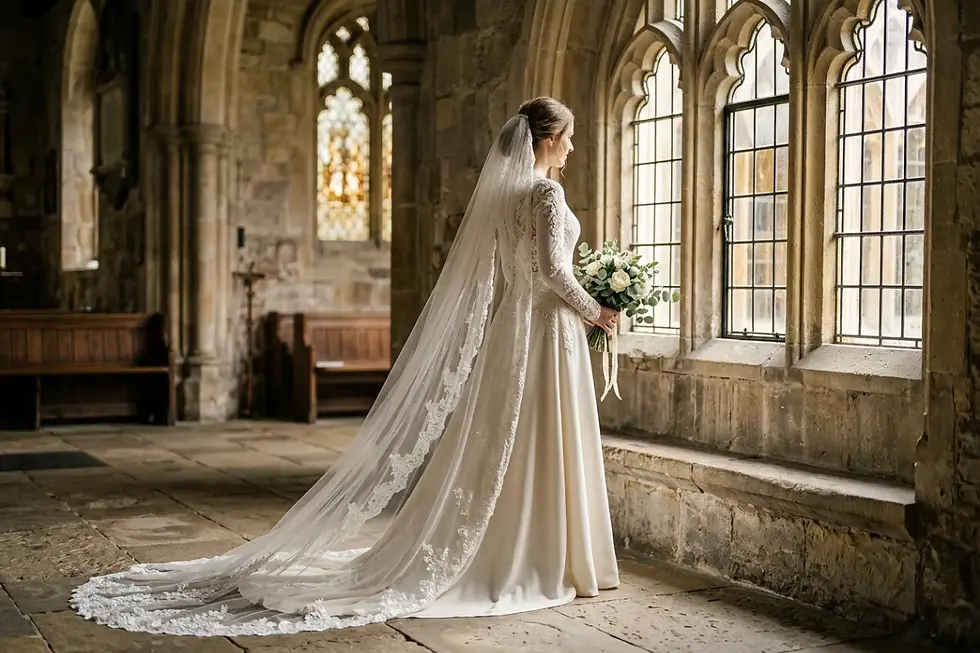 Long sleeve church bridal gowns with modular veil and cape accessories.