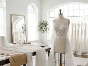 Luxury wedding dress design on a mannequin representing small batch wedding dress production.