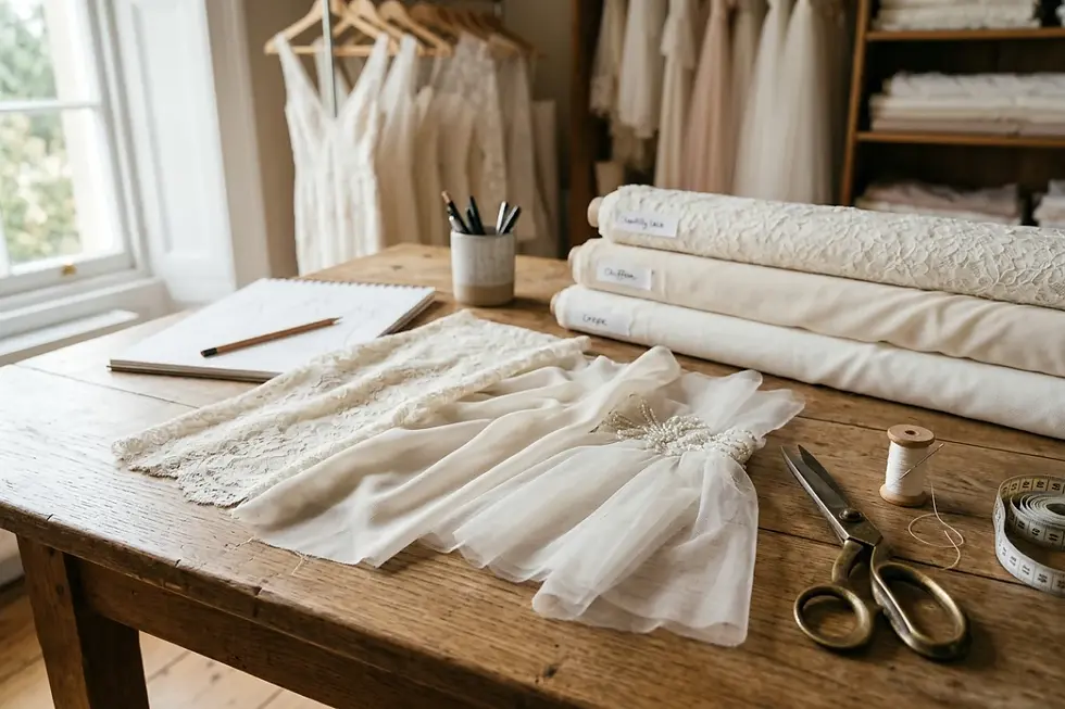 Fabric swatches of chiffon, lace, and soft tulle suitable for coastal destination wedding gowns.