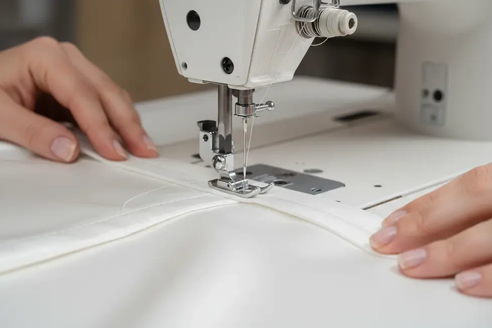 Precision stitching in a custom satin wedding dress factory