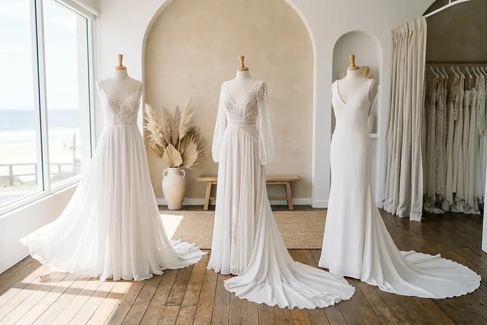 Collection of lightweight beach wedding dresses displayed in a modern bridal boutique showroom.