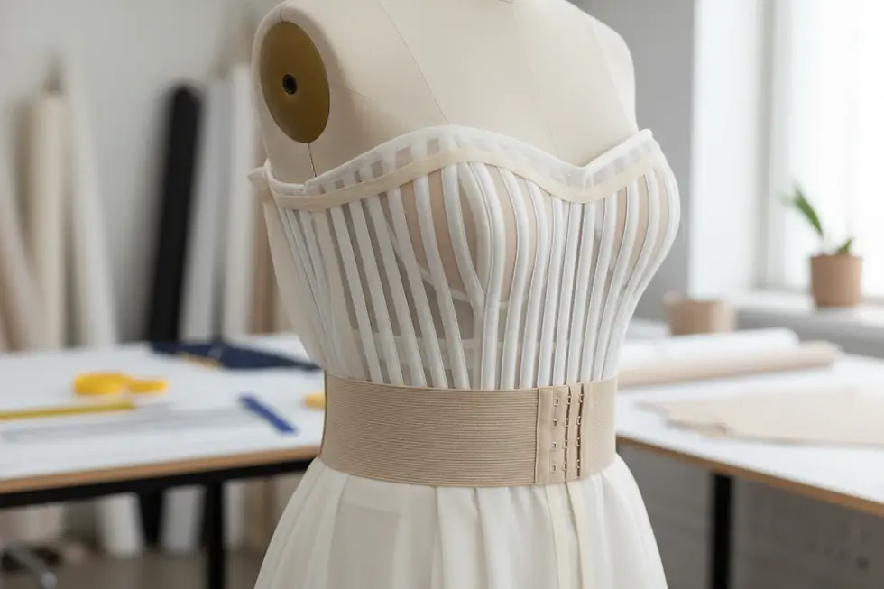 Internal corsetry and bodice boning development created by a custom wedding dress pattern maker.