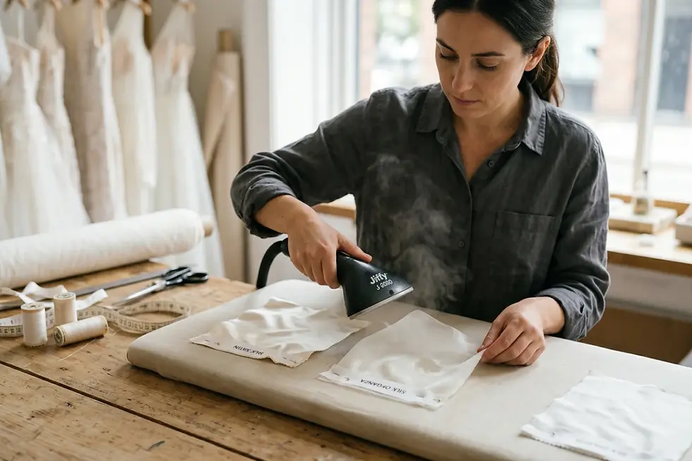 Bridal gown fabric sample undergoing steaming reaction and shrinkage assessment.