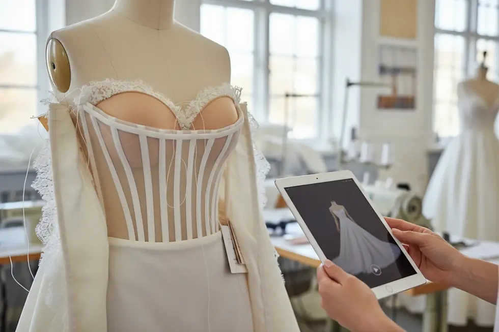 Verifying inner structure details during a wedding gown sample quality check.