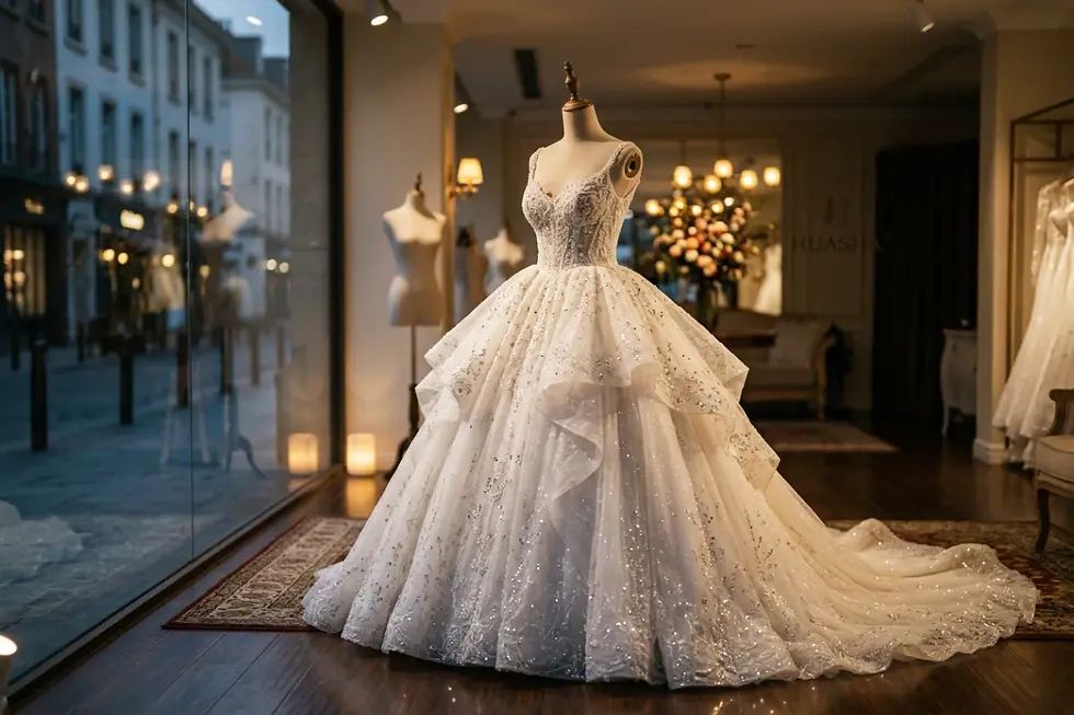 Wholesale ball gown bridal gowns featured on boutique display