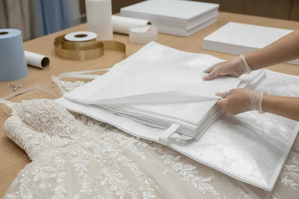 Multi-layer bridal transport protection methods using tissue paper and garment bags