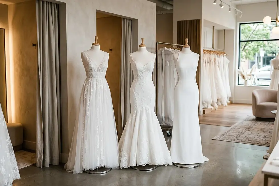 Mannequins displaying core bridal silhouettes in a boutique setting.
