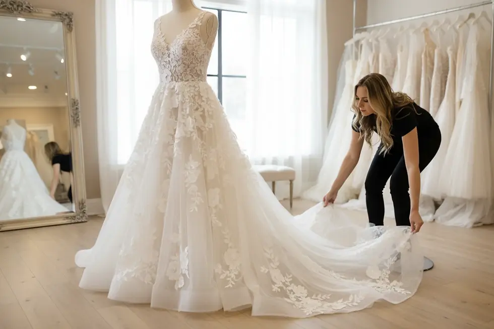 Stylist fitting a romantic wholesale bridal gown A-line in a boutique setting