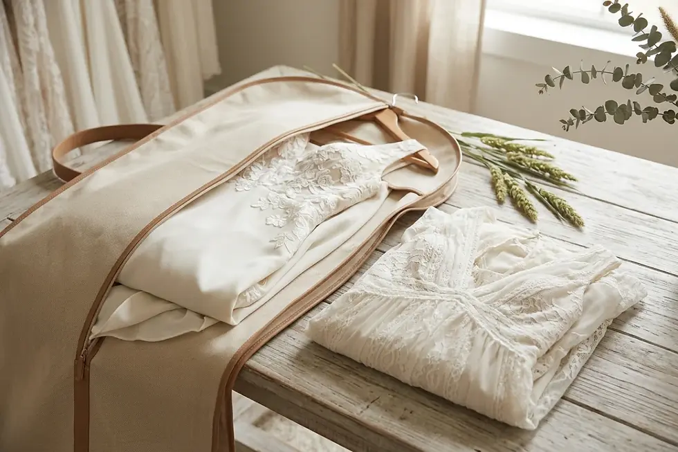 Destination wedding dress packed in a travel garment bag for destination brides.