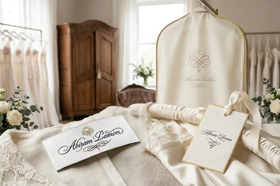 Etiquetas personalizadas y empaque para vestidos de novia de marca blanca.