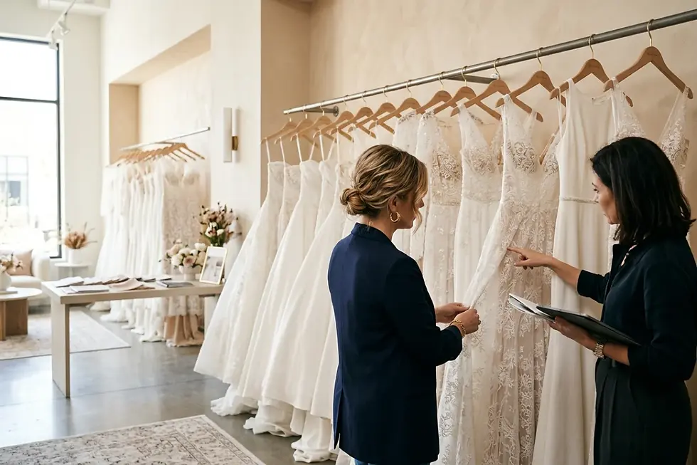 Reihe fertiggestellter Brautkleider im Showroom.