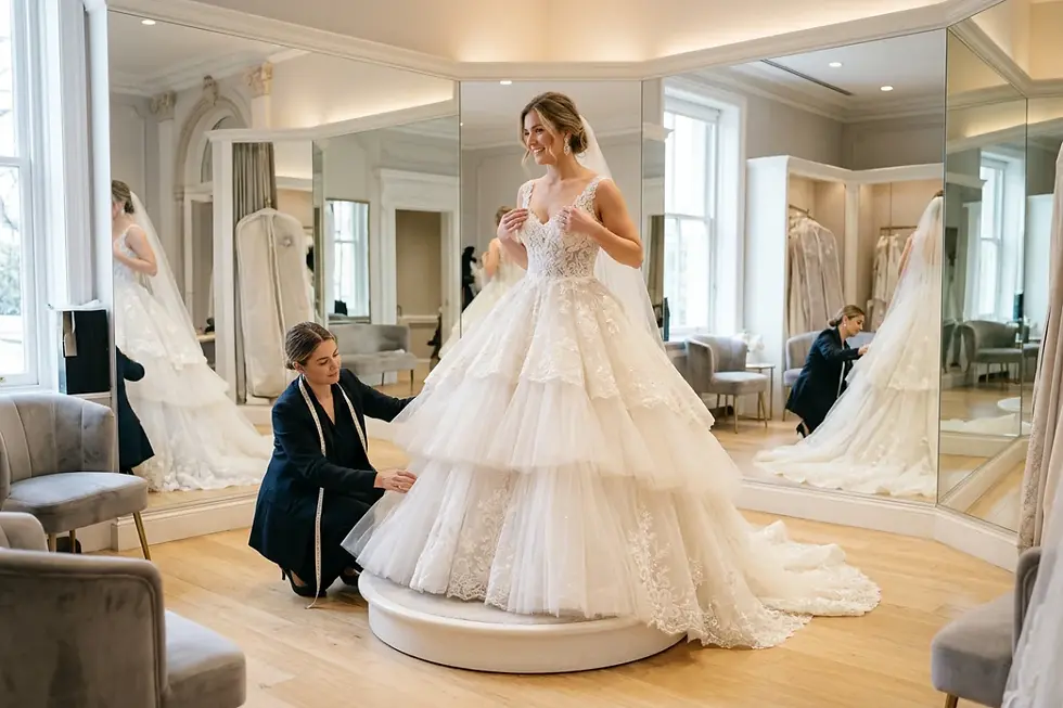 Bride trying on bulk princess wedding dresses in store