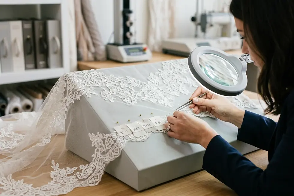 Close-up inspection of delicate bridal gown lace and sheer tulle for snag resistance.