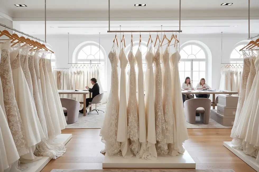 Premium wholesale wedding dresses displayed elegantly in a brightly lit boutique showroom