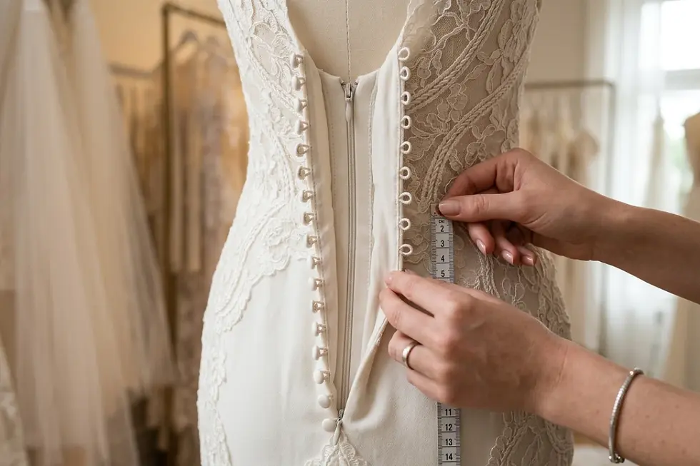 Rückenverschluss eines Brautkleides mit stabiler Knopfreihe.