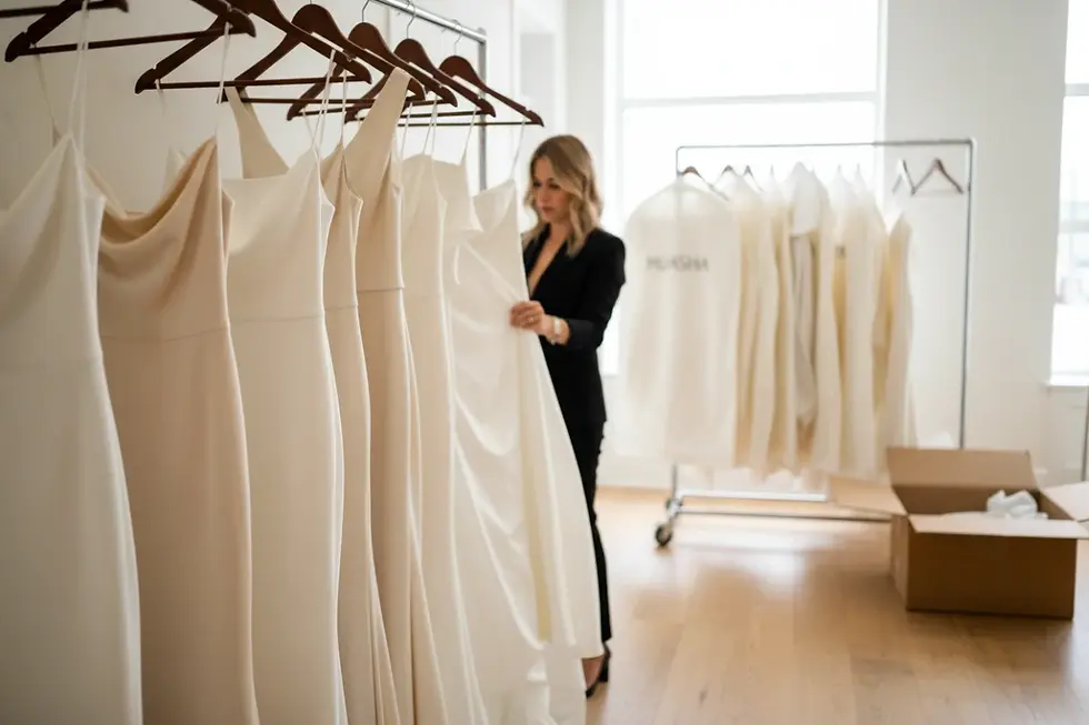 Finished gowns from a silk satin bridal gown supplier for bridal boutique inventory