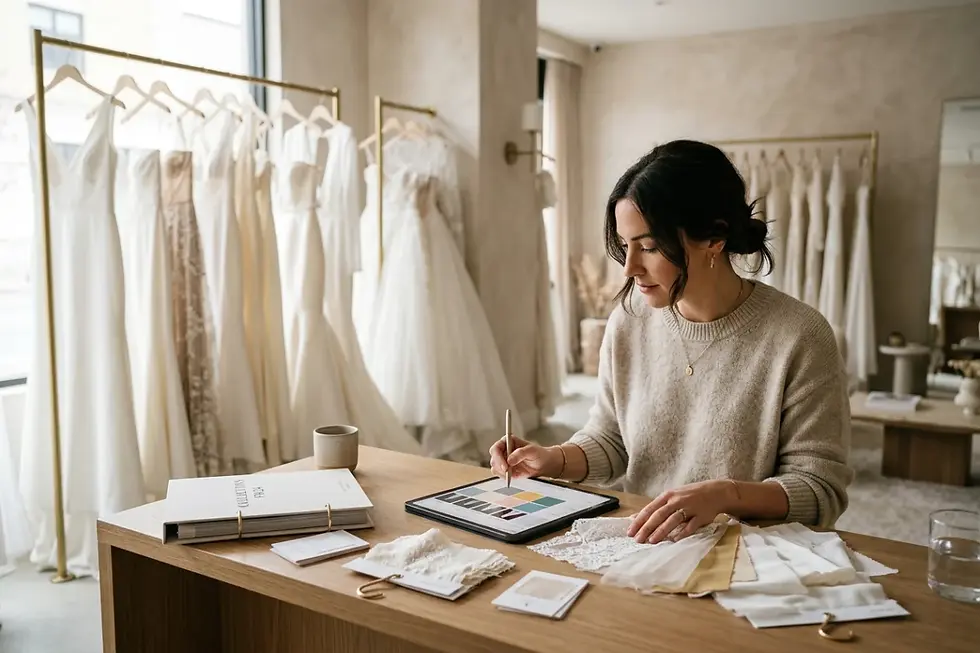 Bridal store owner auditing wedding dress samples using inventory planning charts.