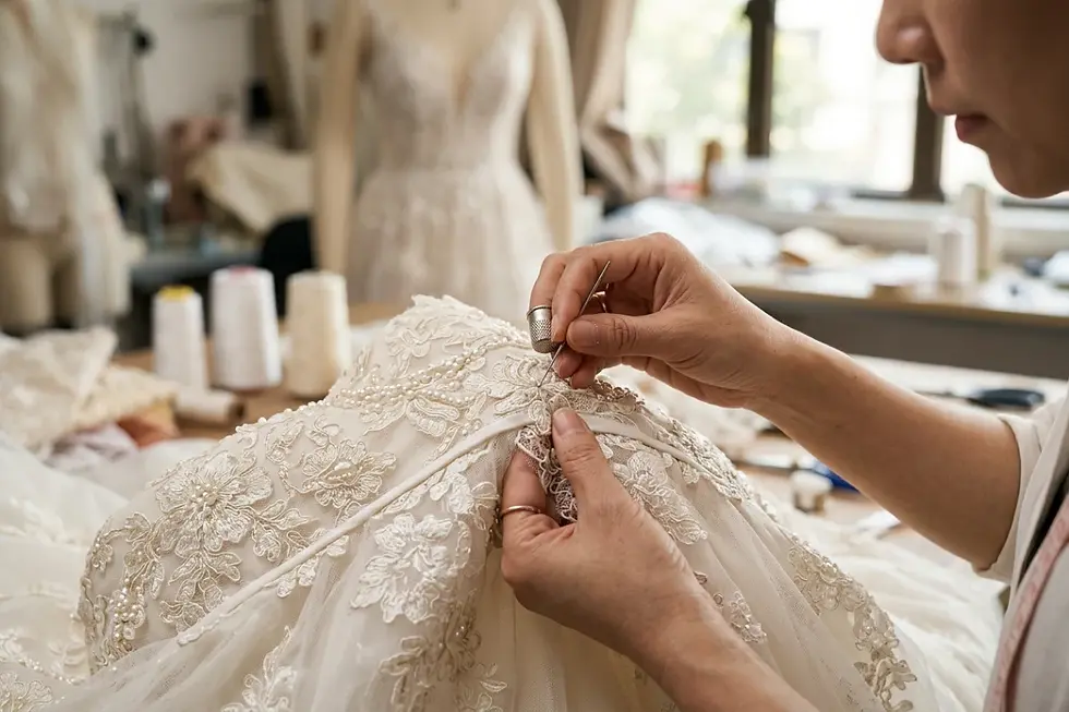 Detailansicht von feiner Spitze und Handstickerei an einem Hochzeitskleid.