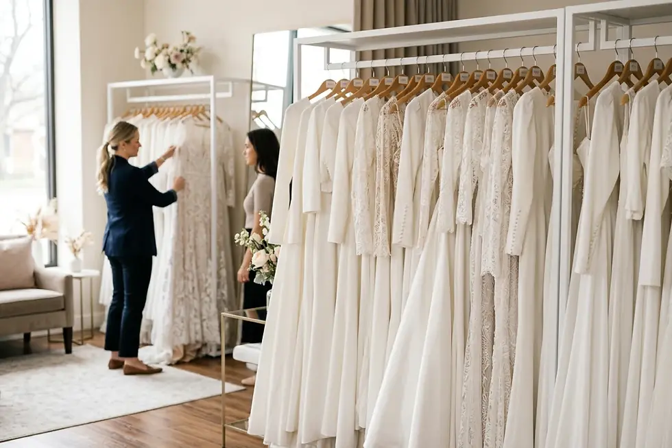 Modest bridal boutique inventory featuring diverse silhouettes and fabric textures.
