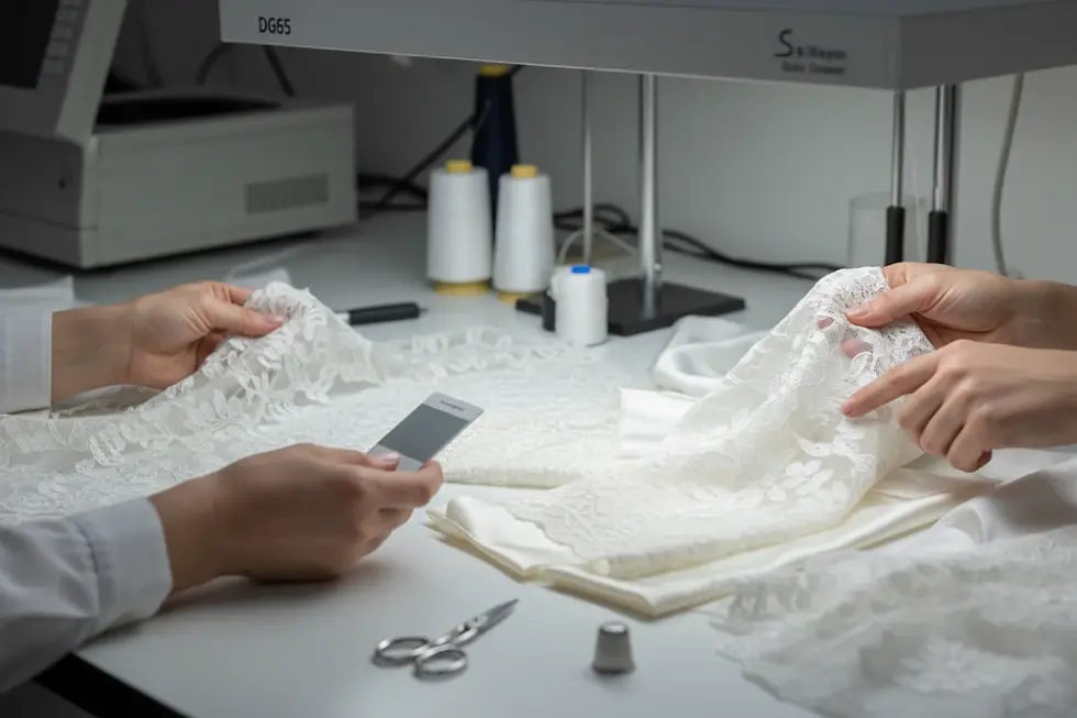 Bridal fabric quality control testing under standard lighting