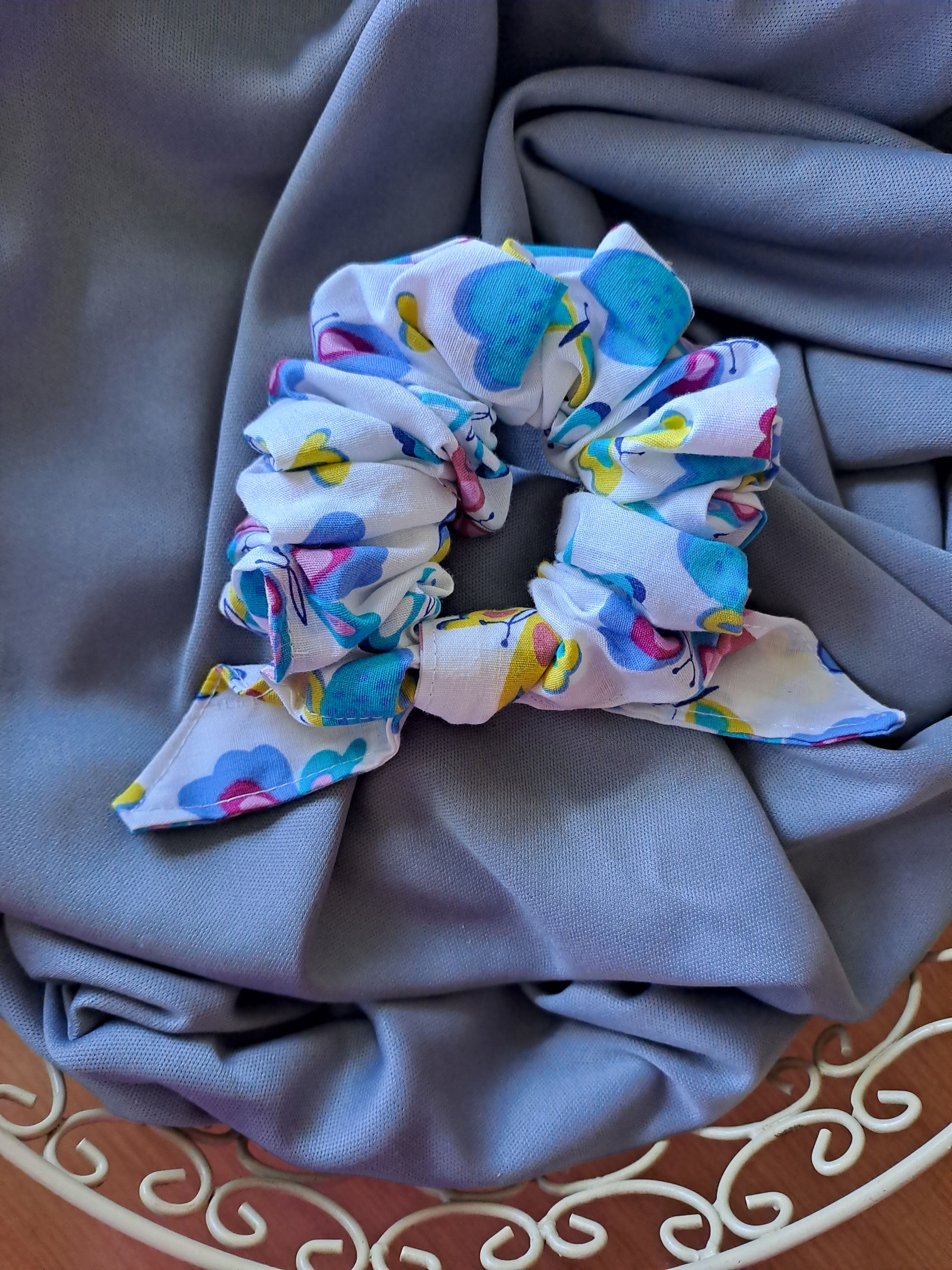 Limited Edition - Scrunchie with Tie On - Animal Design - Butterfly White