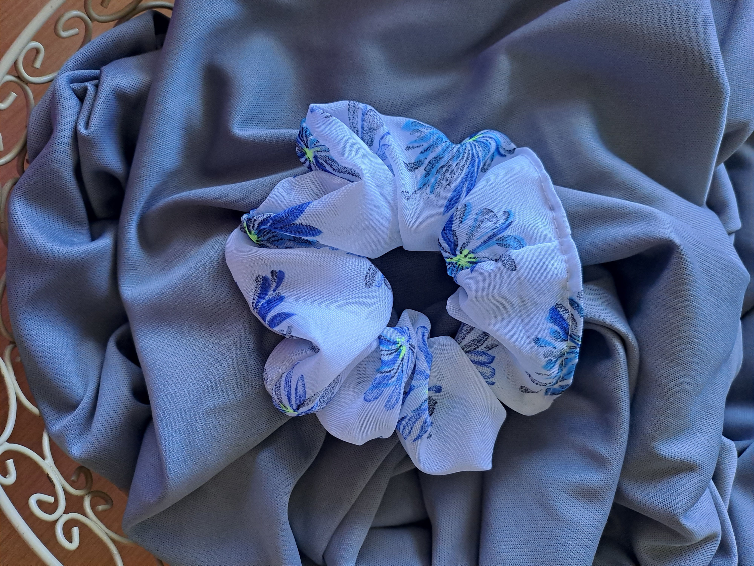 Limited Edition Scrunchie - Floral Design - White and Blue