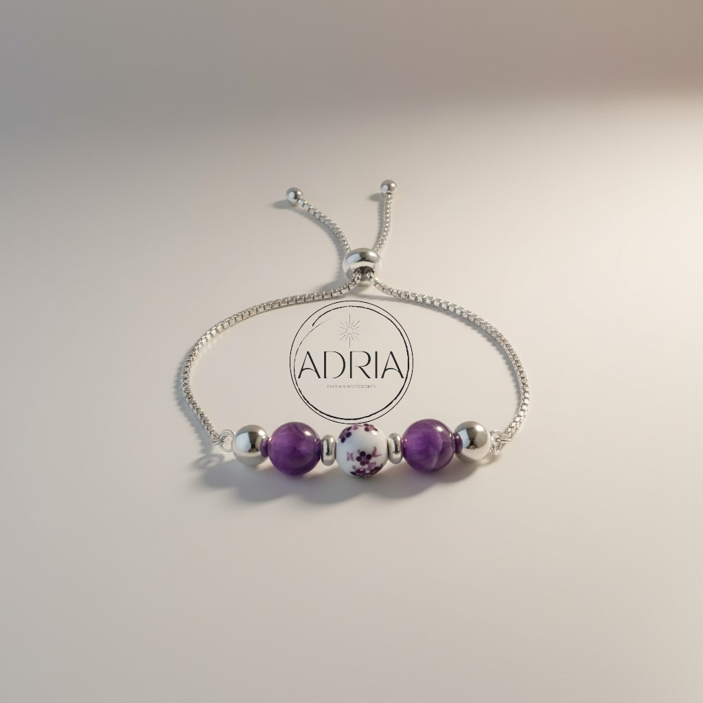 Bracelet ajustable AMETHYSTE et perle céramique réf : AME09