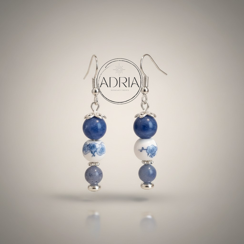 Boucles d'oreilles Calcédoine bleue et perle en céramique CAB05