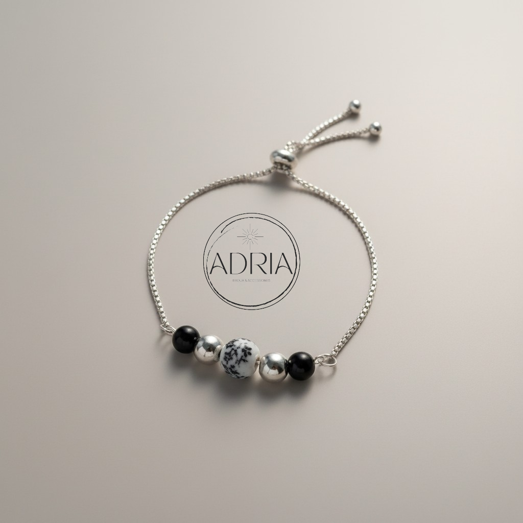 Bracelet ajustable perles d'Onyx et perle céramique réf: ONY06