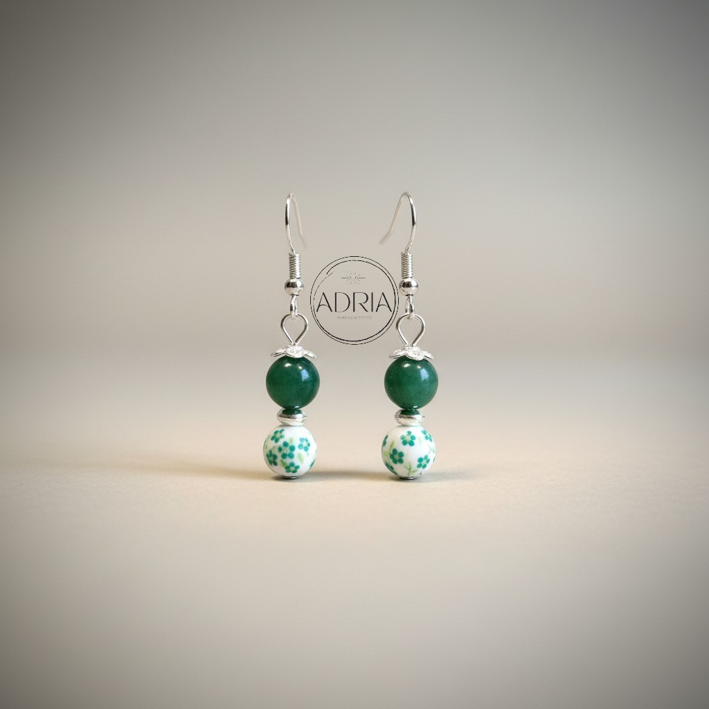 Boucles d'oreilles Jaspe vert et perle en céramique, ref:JAS07