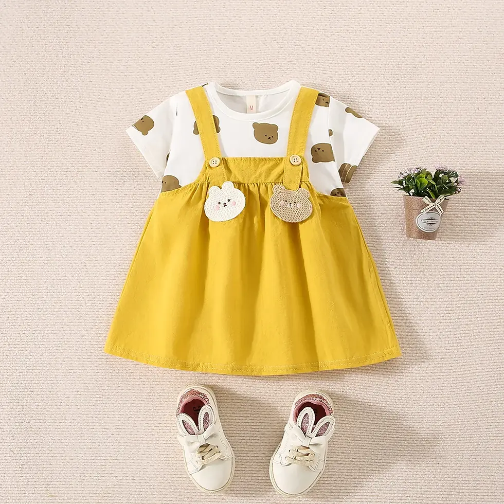 Thumbnail: Summer Baby Girl Cotton Teddy Bear Printed Short Sleeved Dress For Girls Fake Tw