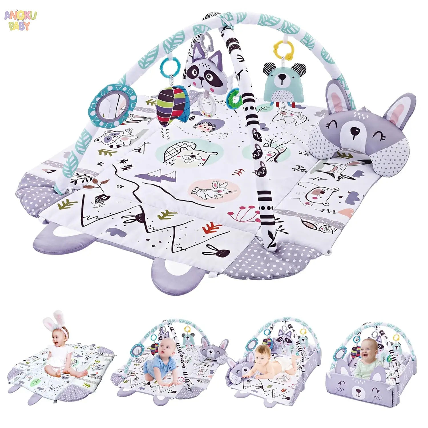 4 in 1 Baby Activity Gym Foldable Baby Playmats and Gyms with Mirror & Pillow Th