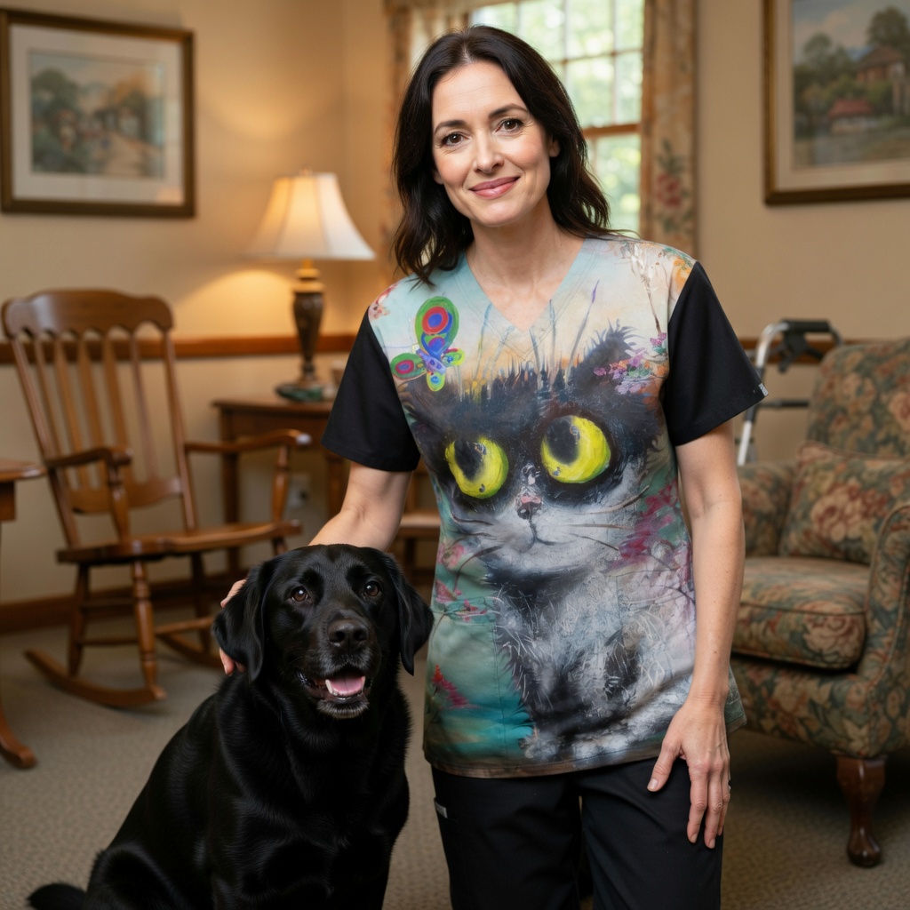Watercolor Cute Cat Medical Scrub Top