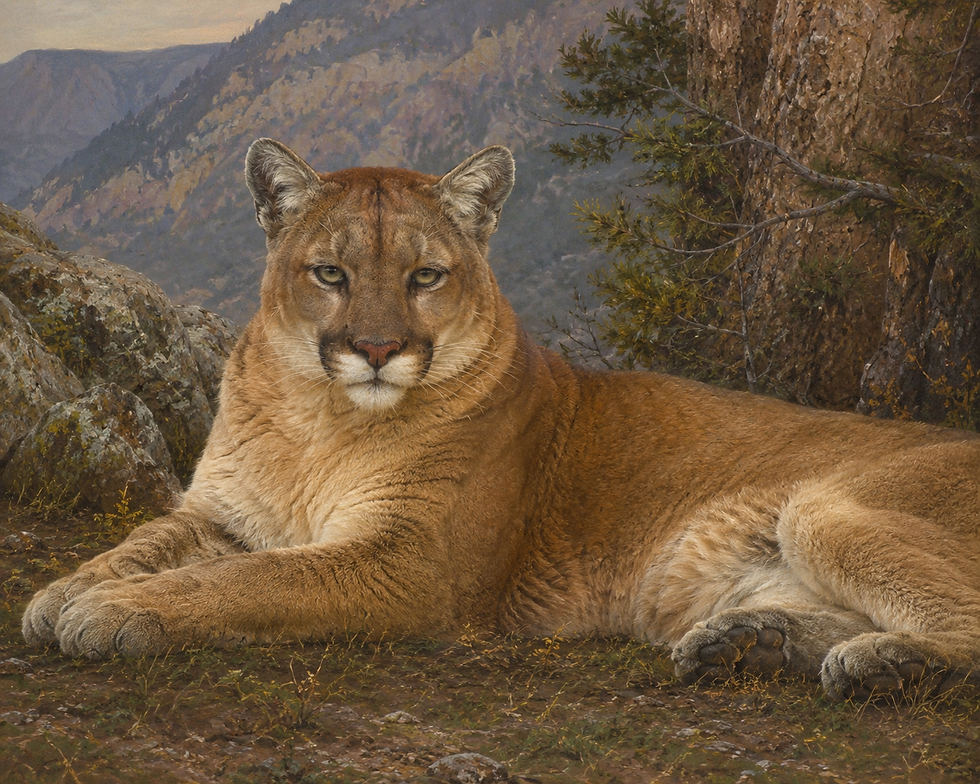 Mountain lion (cougar) lying on the ground in a rocky mountain landscape, looking toward the camera.