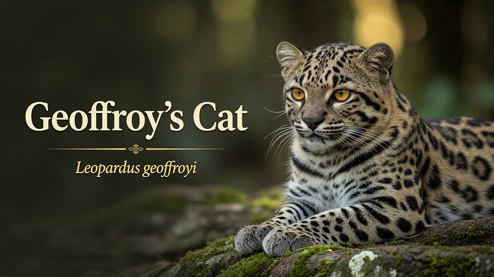 Geoffroy’s cat (Leopardus geoffroyi) resting on a mossy log with the text “Geoffroy’s Cat” and “Leopardus geoffroyi” on the left.