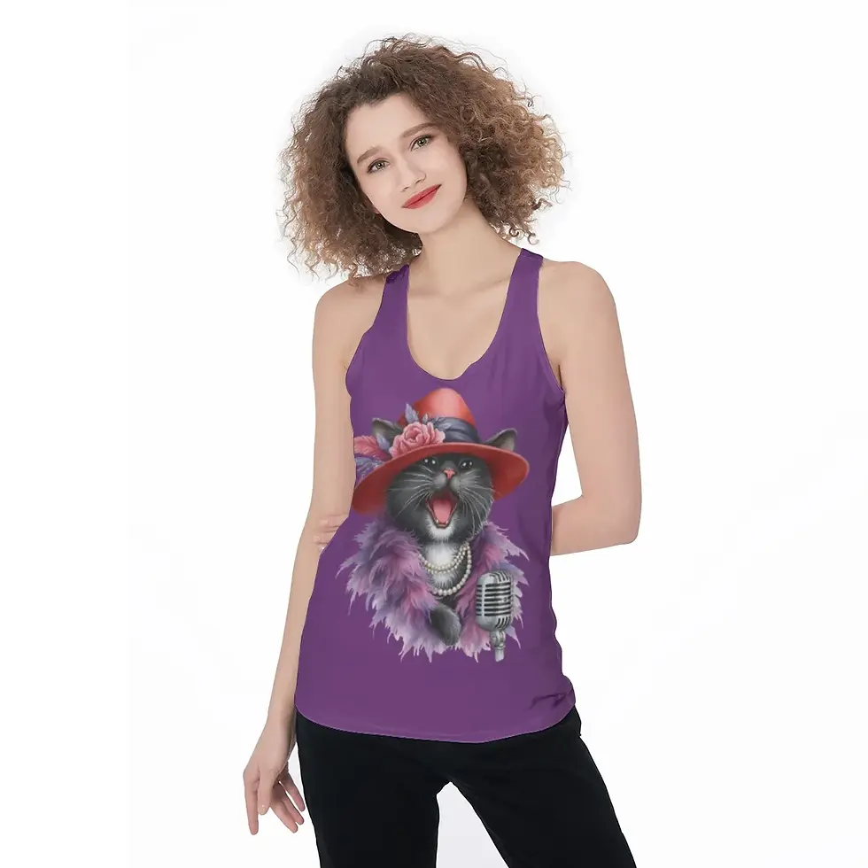 Thumbnail: Woman wearing a purple tank top featuring Miss Cattytude