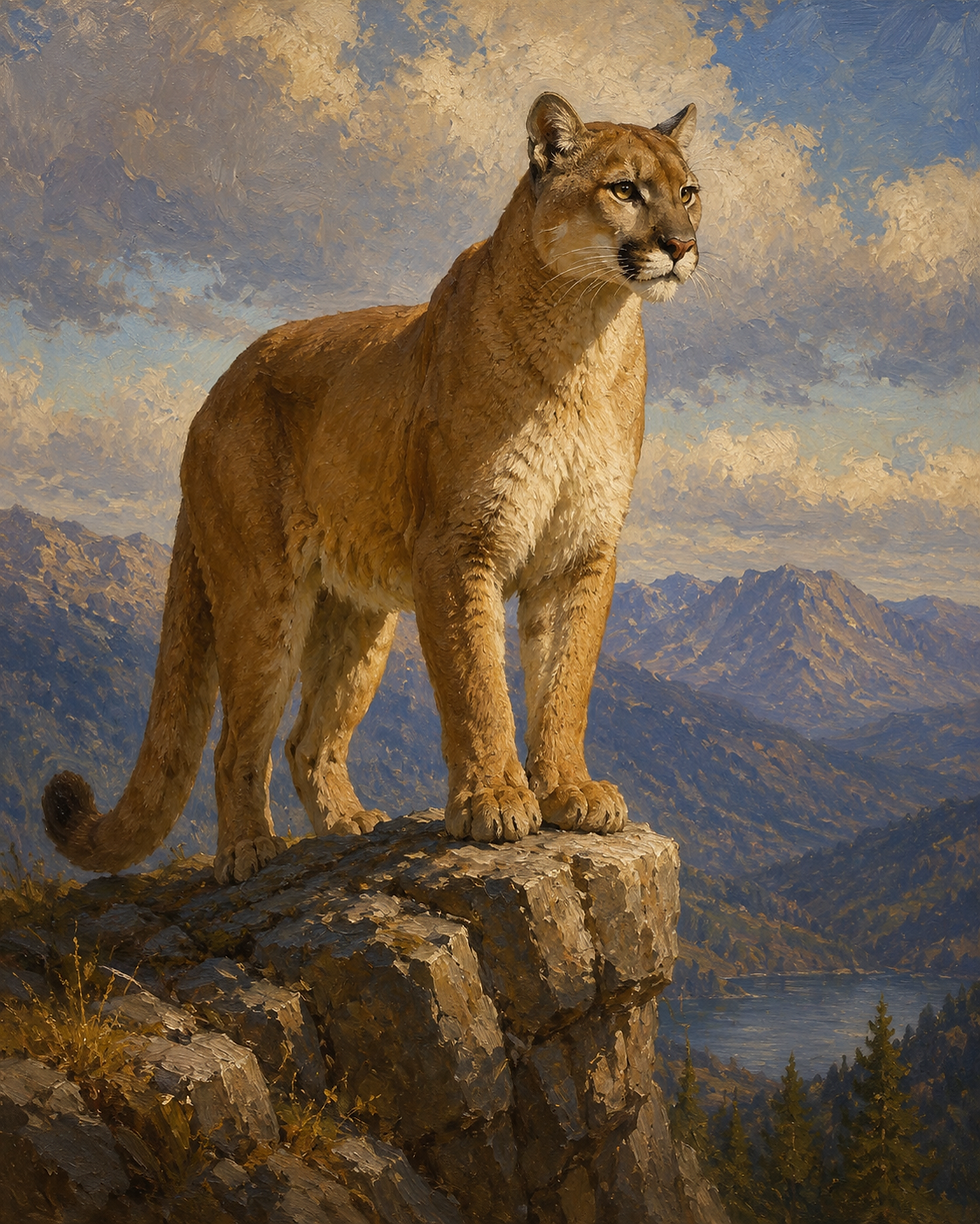 Mountain lion stands on a rocky cliff above a mountain lake, with blue sky and clouds behind, alert and majestic.
