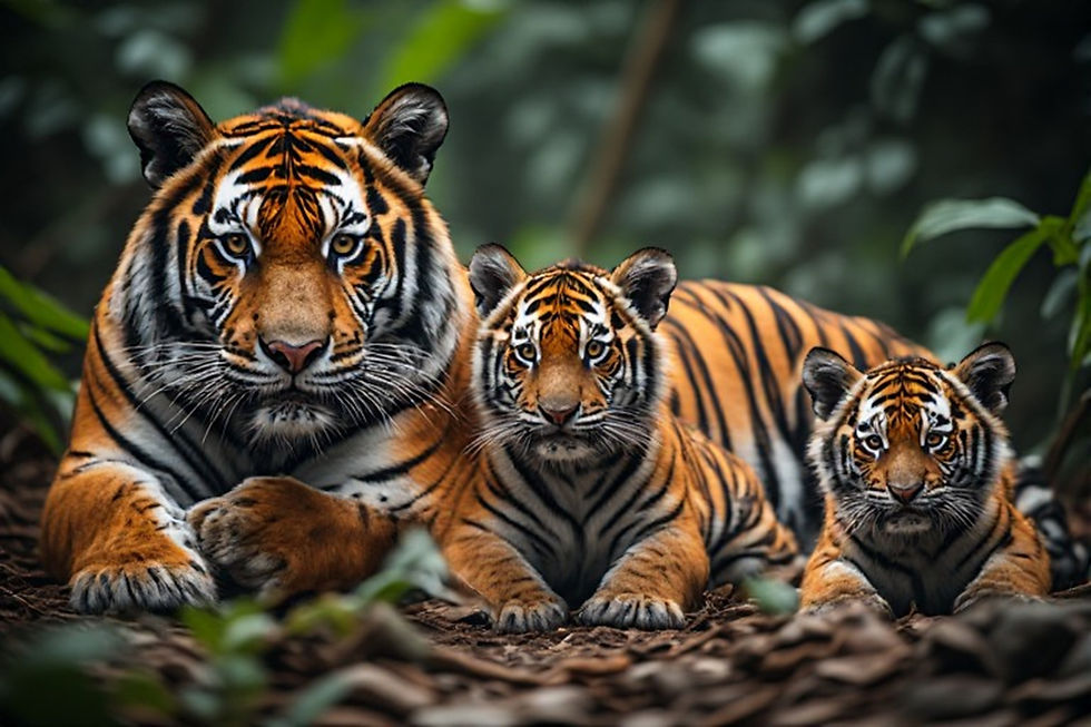 Sumatran tiger mother resting on the forest floor with two cubs beside her in dense jungle foliage.