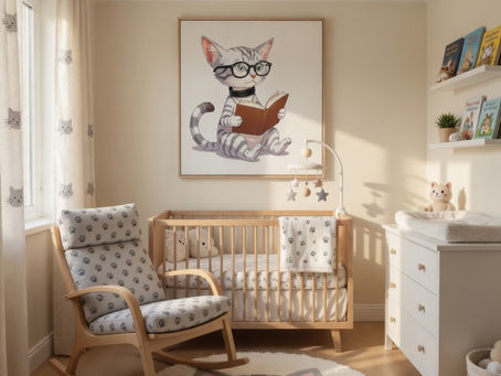 Cat-themed baby nursery featuring Tabby Tom mascot, and paw-printed linen and cushions.