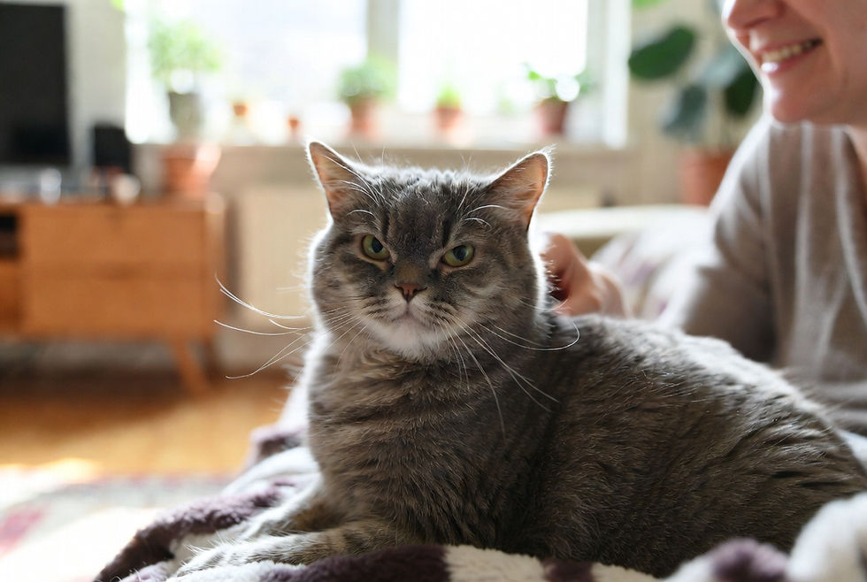 Gray tabby cat lying on a bed while a smiling person gently pets it in a sunlit room.