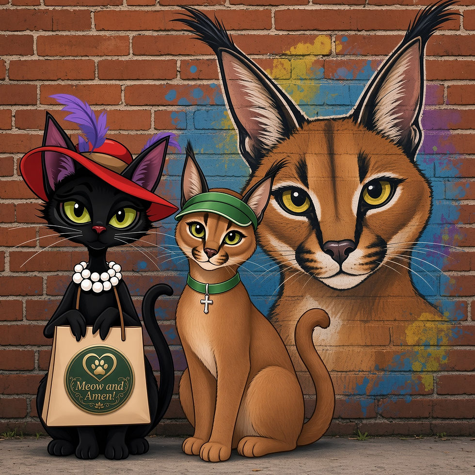 Three stylized cats in hats and jewelry pose by a brick wall mural; shopping bag reads Meow and Amen!