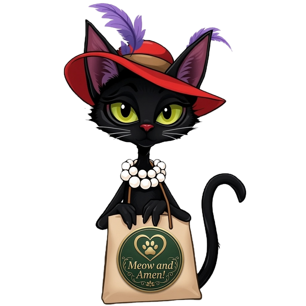 Black cat in red hat with purple feathers and pearl necklace sits in a bag labeled Meow and Amen!