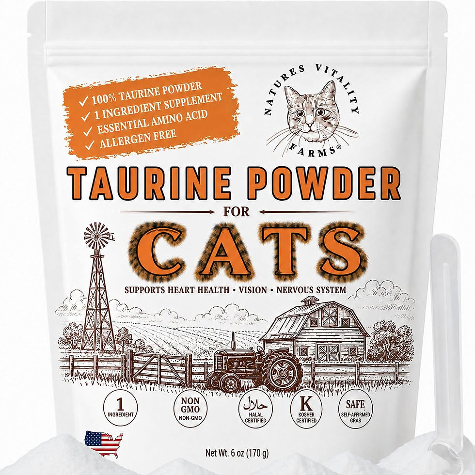 White bag of Nature’s Vitality Farms taurine powder for cats, with orange text, cat logo, farm illustration, and 6 oz label.