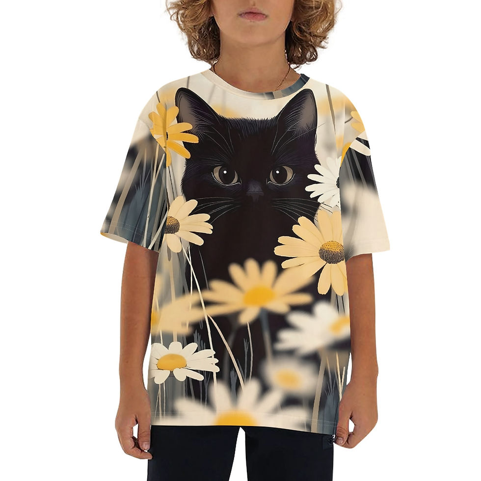 t-shirt featuring a black cat sitting among daisies