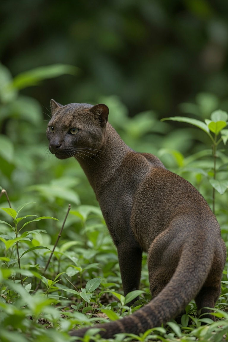 Brown jaguarundi stands alert in lush green forest, looking left amid leafy undergrowth.
