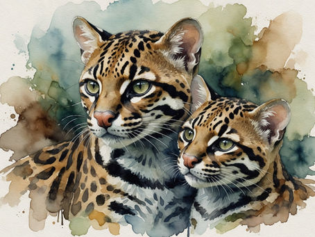Watercolor illustration of two ocelots with spotted coats.