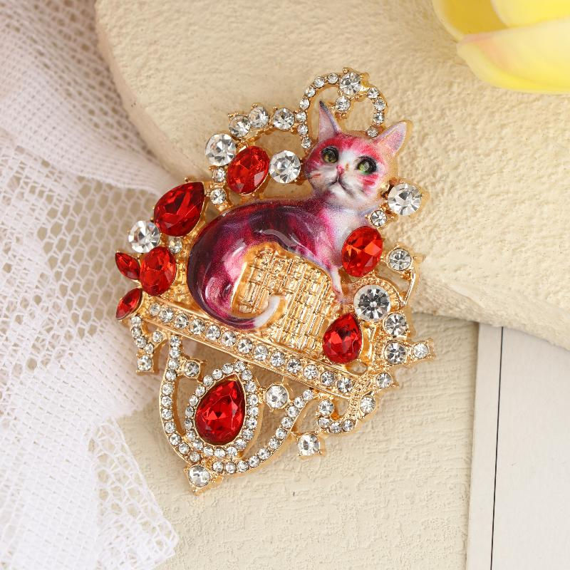 Thumbnail: Vintage Baroque Rhinestone Jewelry Brooch with Cat Design