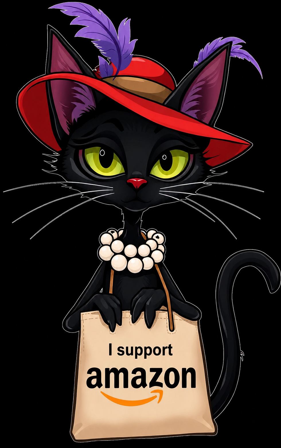 Black cat in a red hat with purple feathers holds an Amazon shopping bag reading I support amazon on a black background.